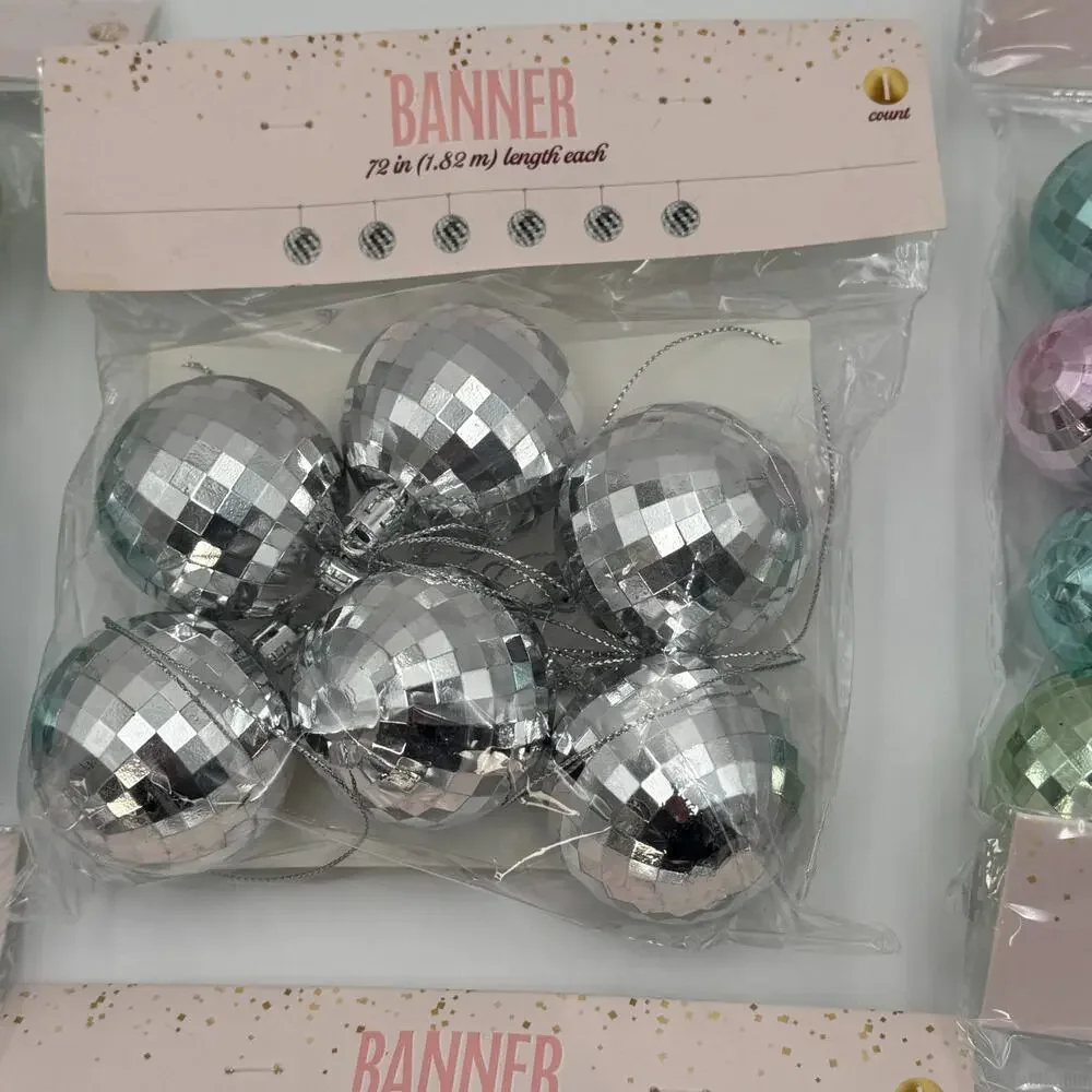 Bullseye Disco Ball Christmas Ornaments 12 Count‎ w 72” Banner Lot of 6 NEW
